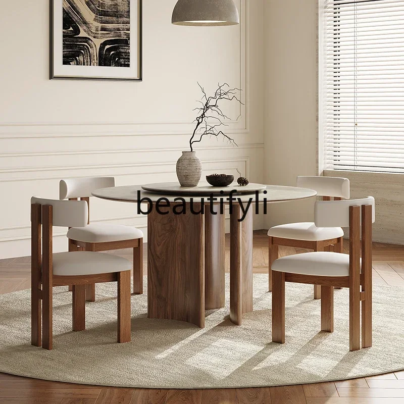 

J185 French retro solid wood dining table and chair combination round with turntable modern simple designer rock slab round tabl
