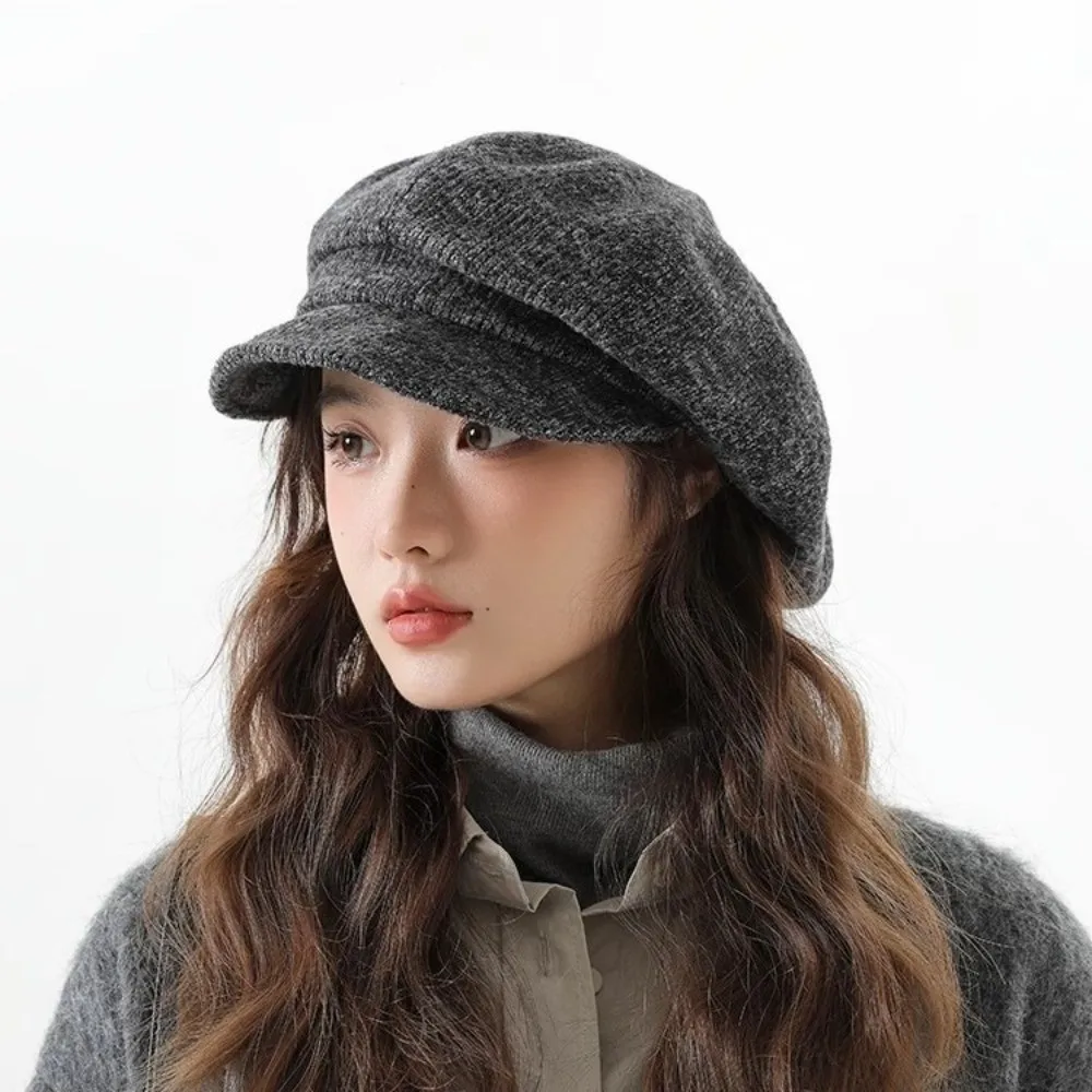 

Vintage Solid Color Japanese Retro Berets Knitted Warm Octagonal Hat Windproof Autumn Winter Cap Newspaper Hat for Women Girls