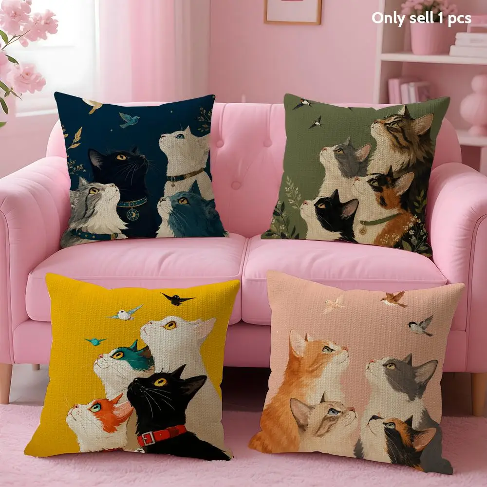 Look Sky Cat Cushion Cover Linen Organic Fabric Double-Sided Printing Sofa Breathable Home Decor Gift Pillow Case