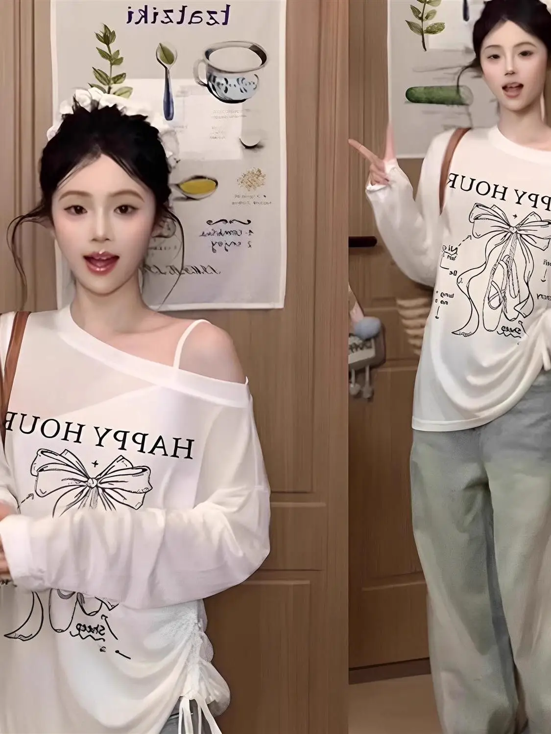 Summer Thin Loose Women's Long Sleeve T-Shirt Design Sensation Drawstring Shoulder Top UV Protection Transparent White Shirt