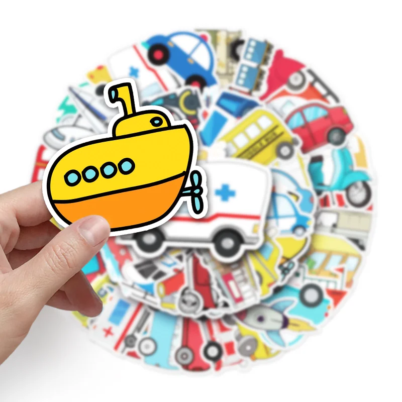 10/25/50pcs Transports Stickers Cartoon Cars Airplanes for Gift Room Learning Wall Decals Travel Luggage phone helmet