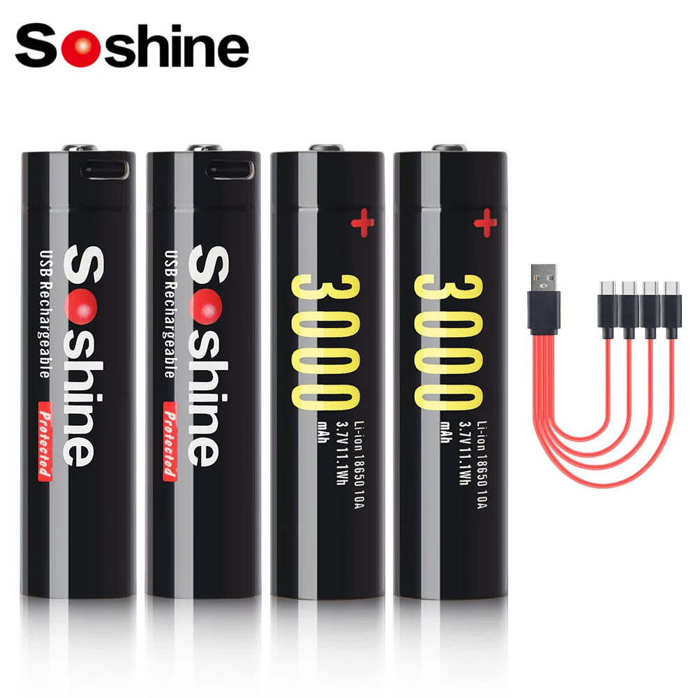 Soshine 3.7V 18650 3000mAh USB Type-C Rechargeable Lithium Battery USB Li-ion 18650 Battery for Keyboar Flashlight Mobile Phone