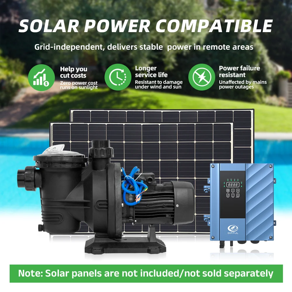 DIFFUL Bomba Solar para Piscina | CA/CC con Controlador MPPT y Pantalla LED | Para Piscinas Elevadas y Enterradas