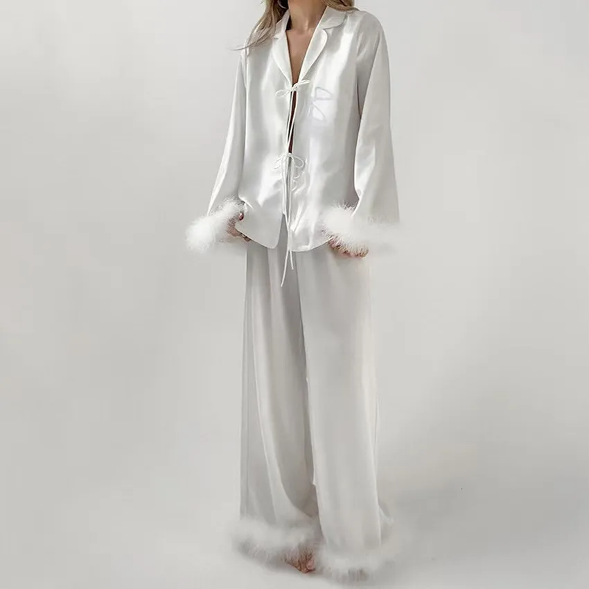 

Свободный комплект из топа и брюк в стиле пэчворк с перьями, повседневная домашняя одежда, длинный све, молодежный, весна-лето, тонкая ткань, чистый цвет, домашняя мода