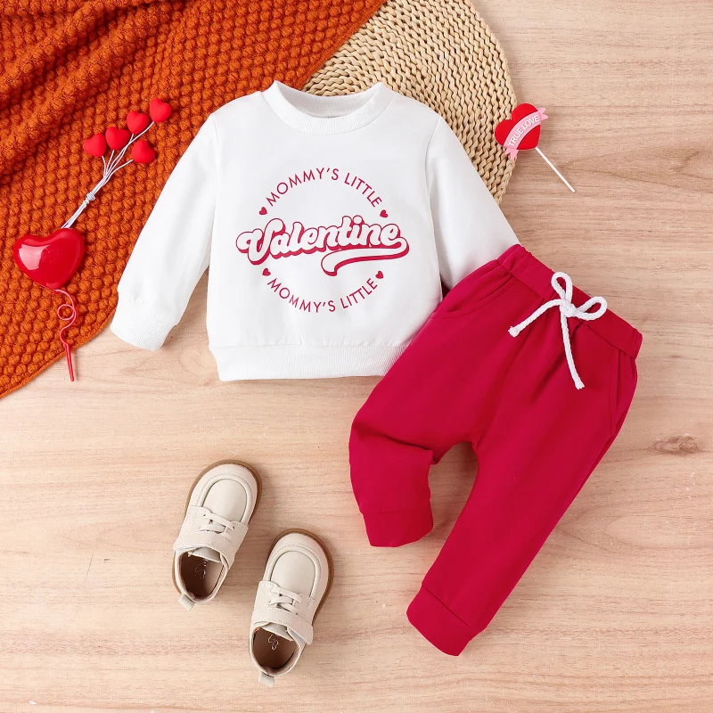 

Winter Valentine's Day Long Sleeve Letter Heart Print Sweatshirt Fake Drawstring Sweatpants Set In Stock