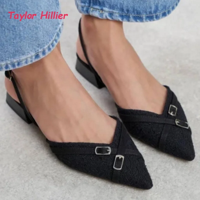 Chic Two Tone Sharp Pointed Toe Metal Buckle Cross Straps Low Heel Flats Women's Summer Trendy Office Casual Daily Dress Shoes