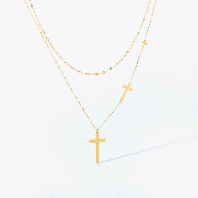 EILIECK 316L Stainless Steel Gold Color Cross Pendant Necklace For Women New 2in1 Choker Chains Jewelry Lady Gift Party Bijoux