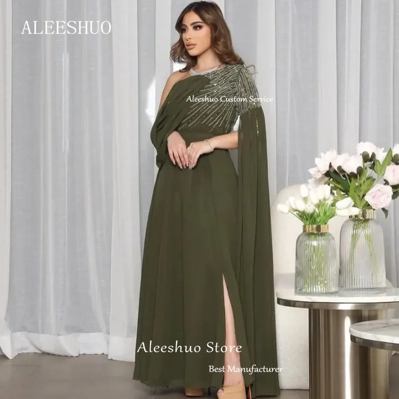 Aleeshuo Modern A-Line Slit Chiffon Formal Evening Dresses One-Shoulde Long Sleeves Saudi Arabic Women Shiny Beading Prom Gowns