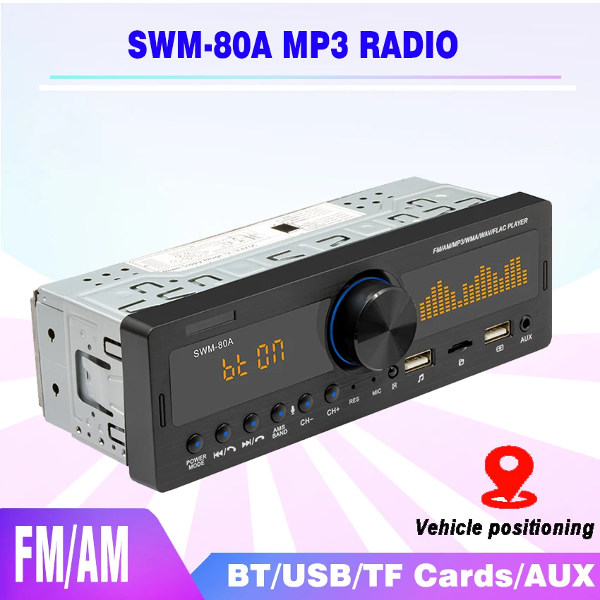 

SWM-80A 1DIN Car Digital STEREO Radio MP3 Player Bluetooth 12V 60W x 4 FM Audio USB/SD 3.5mm auX-in Compatible Bluetooth player