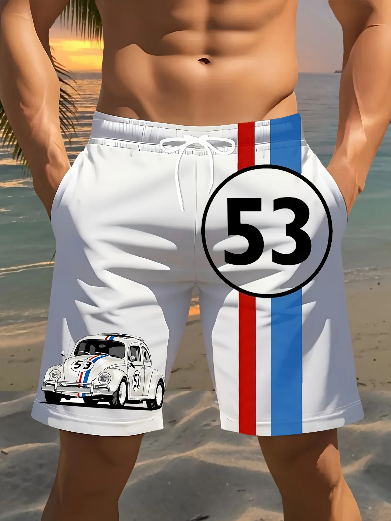 Pantaloncini da spiaggia da uomo nuovi 2025 3D Retro Racing Car No.53 Pantaloncini casual leggeri con grafica per pantaloni corti sportivi da basket estivi