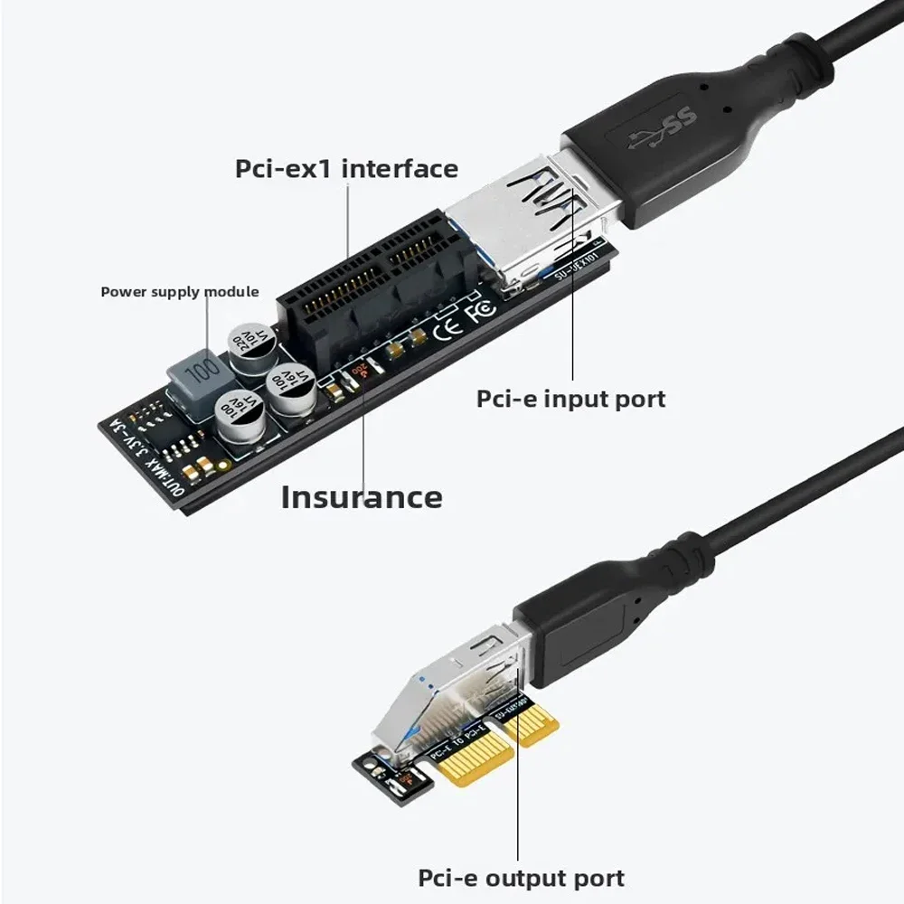 NVMe M.2 do PCIE Riser USB 3.0 PCI Express X1 X4 Przedłużacz Kabel Adapter Karta Konwerter z Modułem Zasilania do Komputera Stacjonarnego PC AMD GPU