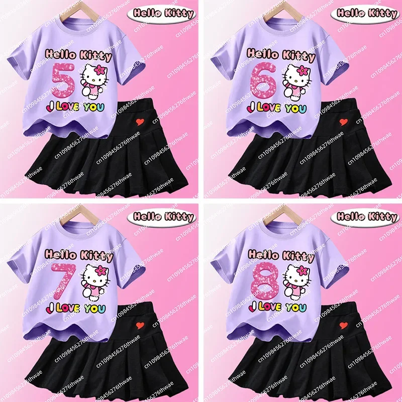 

Pleated skirt JK uniform 2025 Hello Kitty 1-12 years old gift new children's set T-shirt cartoon print cute girl casual top