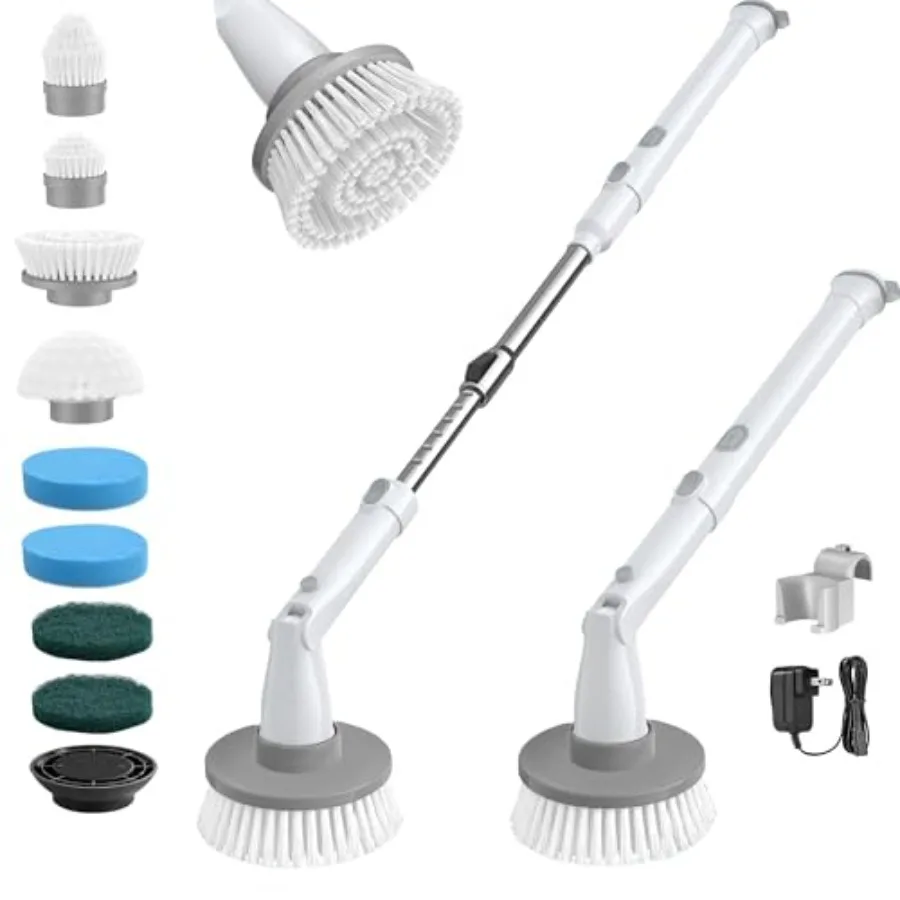 

Electric Spin Scrubber Cordless Shower Scrubber with Long Handle 8 Replacement Heads 1.5H Bathroom Scrubber Dual Speed Shower C