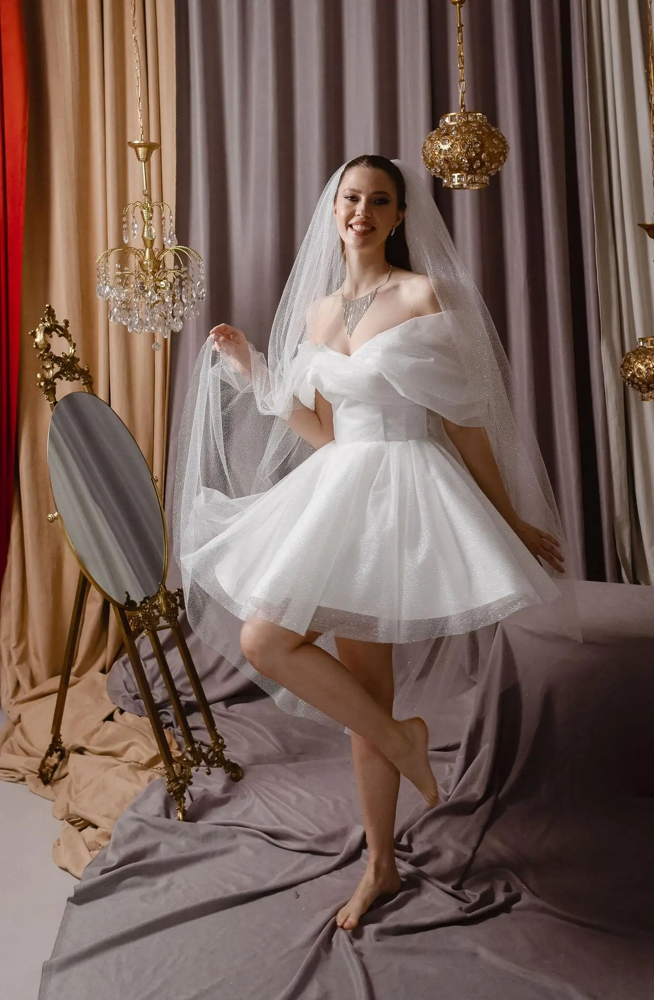 Sparkle Tulle Wedding Dresses 2026 Off-Shoulder Mini Bride Dress Pleat A-line Short Bridal Gowns vestido de novia Custom Made