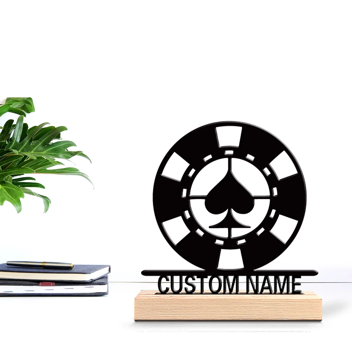 1pc Abstract Spade Gear Custom Name Metal Statue Iron Ornament Art Crafts With Wood Base Tin Ornament With Wood Base Office Desk