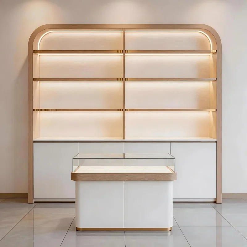 custom.Minimalist Jewelry Wall Showcase Set with Full-length Mirror White Wood Display Shelving Handleless Storage Cabinet B