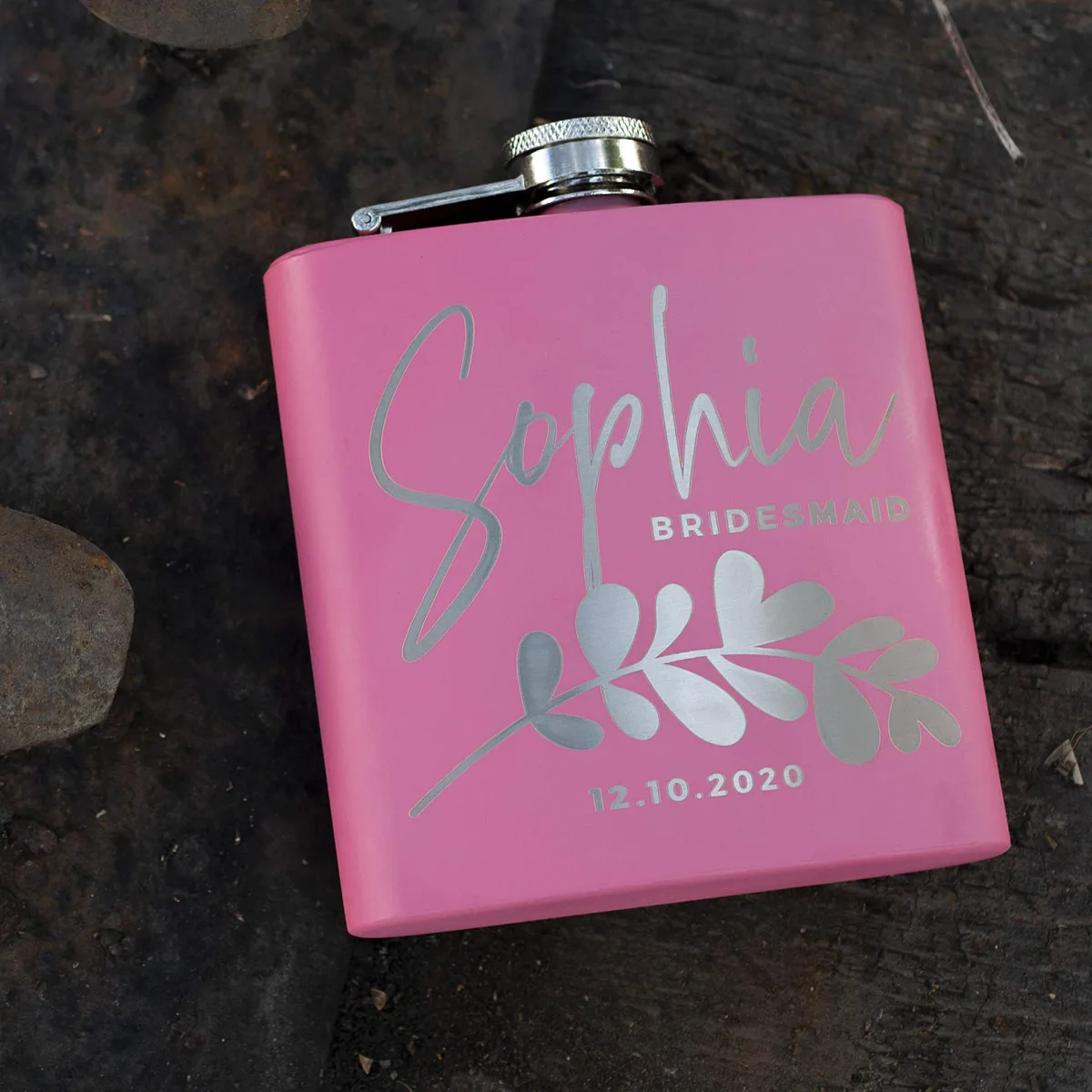 Personalized Birth Flower 6oz Pink Hip Flask, Laser Engraved Hip Flask for Bridesmaid, Stainless Steel Flask for Wedding Gift