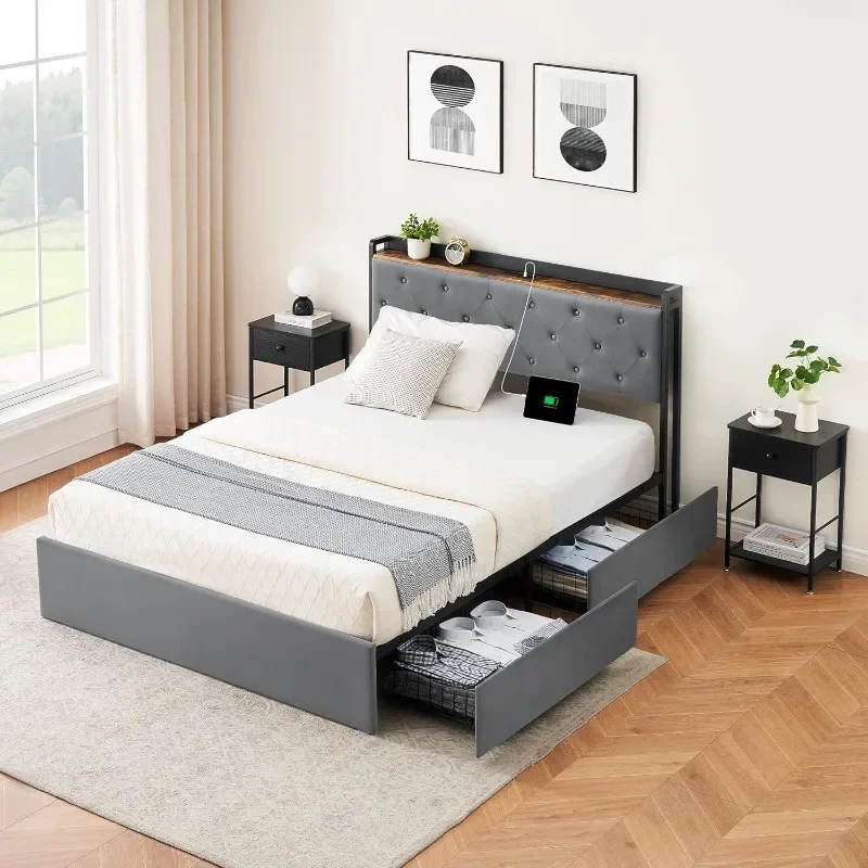 

4 Storage Drawers,Grey Queen Upholstered Bed Frame ,Storage Headboard No Box Spring Needed Noise-Free (Full)