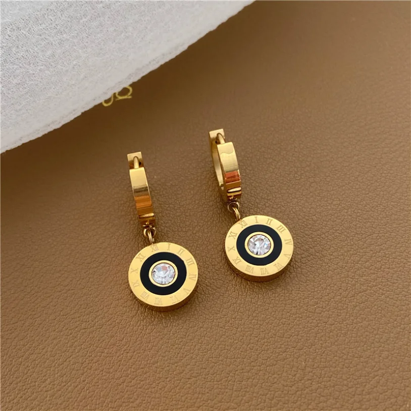 316L Stainless Steel New Fashion Fine High-end Jewelry Zircon Roman Numerals Round  Circle Studs Earrings For Women oorbellen