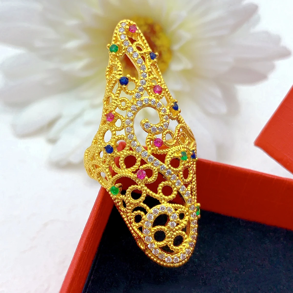 ANIID Indian Style Dubai Gold Plated Long Rings For Women Resizable Ethiopia Arab Wedding African Gift Nigerian Big Jewellery