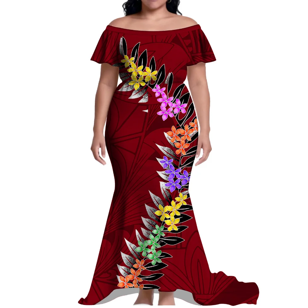 

Polynesian Samoan Island Woman'S One-Shoulder Floor-Length Dress Is A Large-Sized Elegant Holiday Party Evening Gown