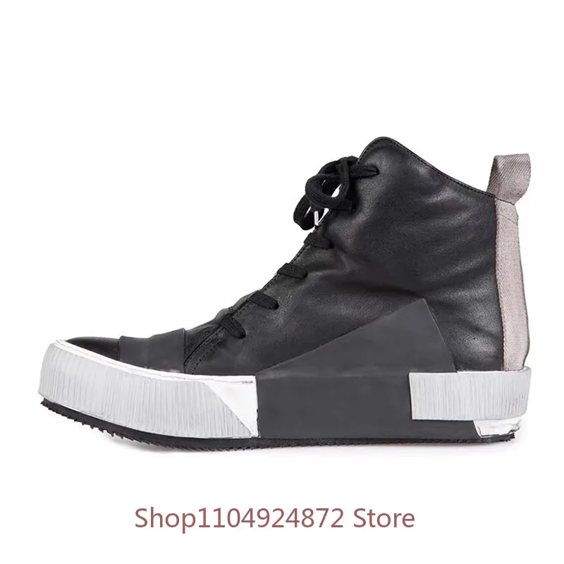 High End Fashion Thick Sole Outdoor High Top Casual Shoes Men's Flats Comfortable Genuine Leather Work Hiking Sport Male Shoes