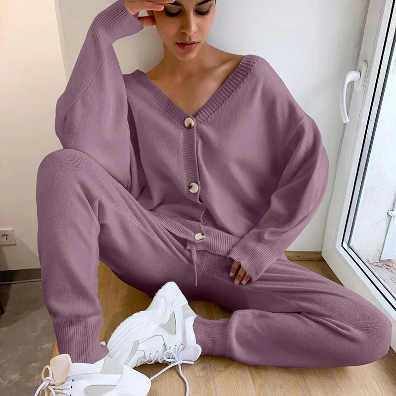2-teiliges Pullover-Anzug-Set für Herbst und Winter, Damen-Pullover-Anzüge, Strickjacken mit einzelnen Knöpfen + lange Hosen mit elastischer Taille