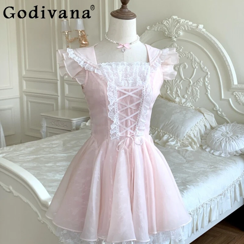 Vestido de princesa estilo balé japonês, vestido feminino de verão com laço e manga esvoaçante, rosa, cintura alta, lolita, doce