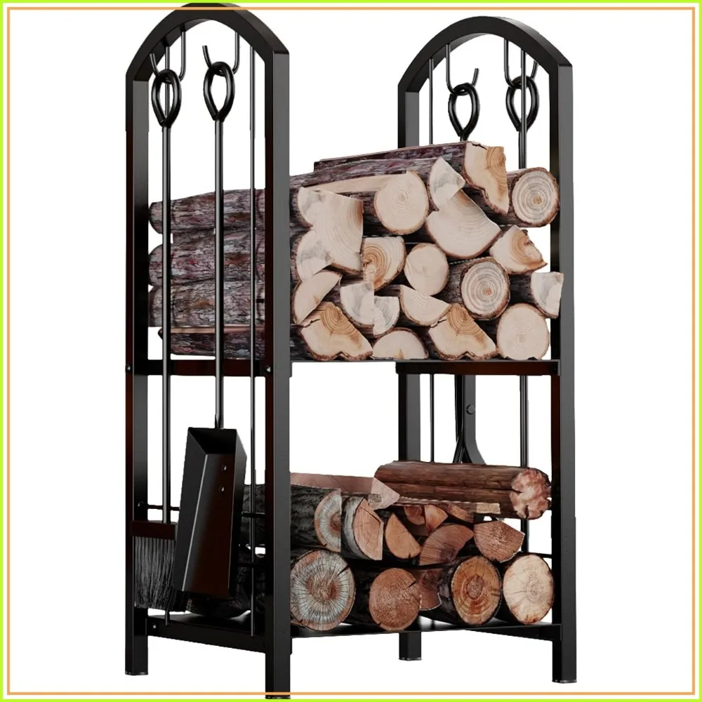 

5-Piece Fireplace Log Rack with Tools Set - Durable Black Steel Firewood Holder for Indoor & Outdoor Use