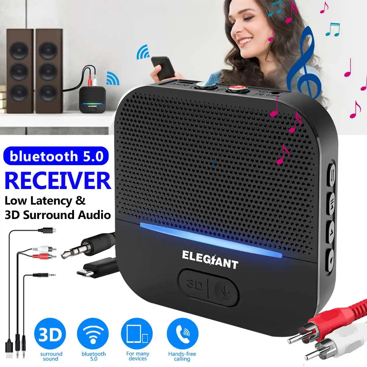 ELEGIANT BTI-036 bluetooth 5.0 HIFI Wireless Receiver Transmitter 3D Surround RCA Audio Adapter with Mic AUX USB Powered