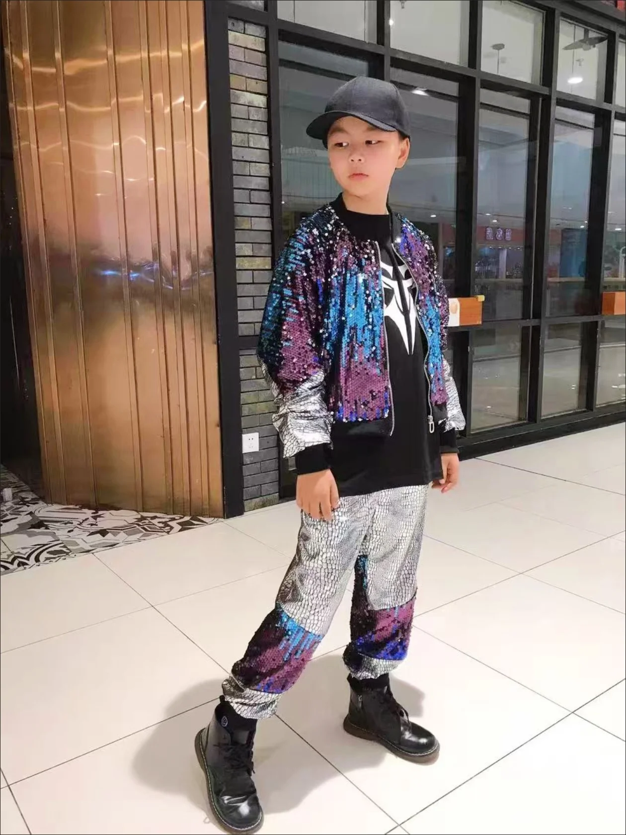 Boys Jazz Dance Costume Performan Street Clothes Wear Kid Hip Hop Clothing Sequined Coat Jacket Loosed Silver Pants For Girls