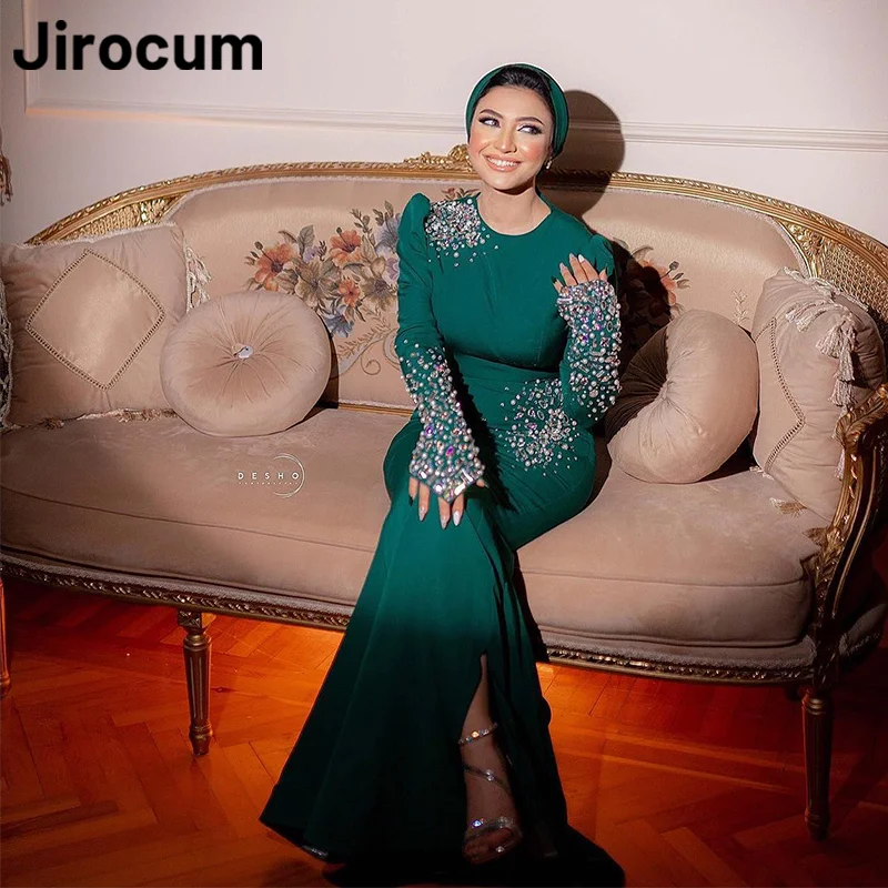 Jirocum Mermaid Muslim Prom Gowns Women's Long Sleeve O Neck Evening Gown Pleated Satin Beaded Crystal Floor Length customized