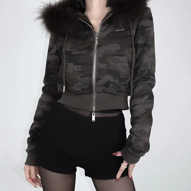 Goth Dark Streetwear Hoodies Faux Fur Collar Double Zip Hooded Coats Women Casual Pocket Gothic Jackets Y2K Grunge Fall cardigan