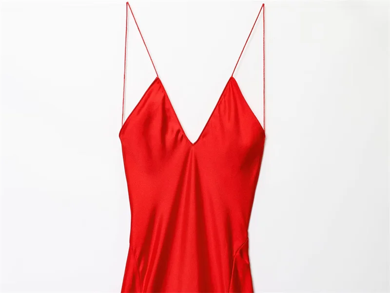 Sukienka damska 2025, nowa, letnia, czerwona, na ramiączkach, z jedwabnej satyny, długa, seksowna, z odkrytymi plecami, elegancka i stylowa, na plażę.