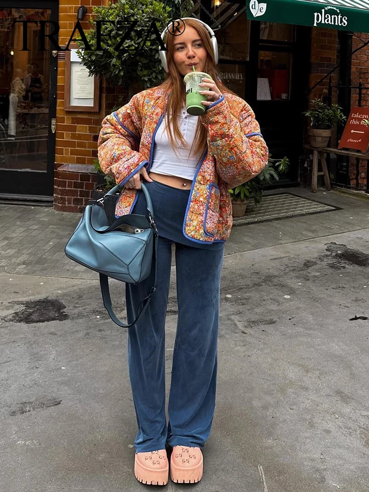 トラフザ-女性の花柄のパッド入りコート,ヴィンテージ,長袖,ルーズ,コットンジャケット,シックで暖かいストリートウェア,ハイファッション,2024