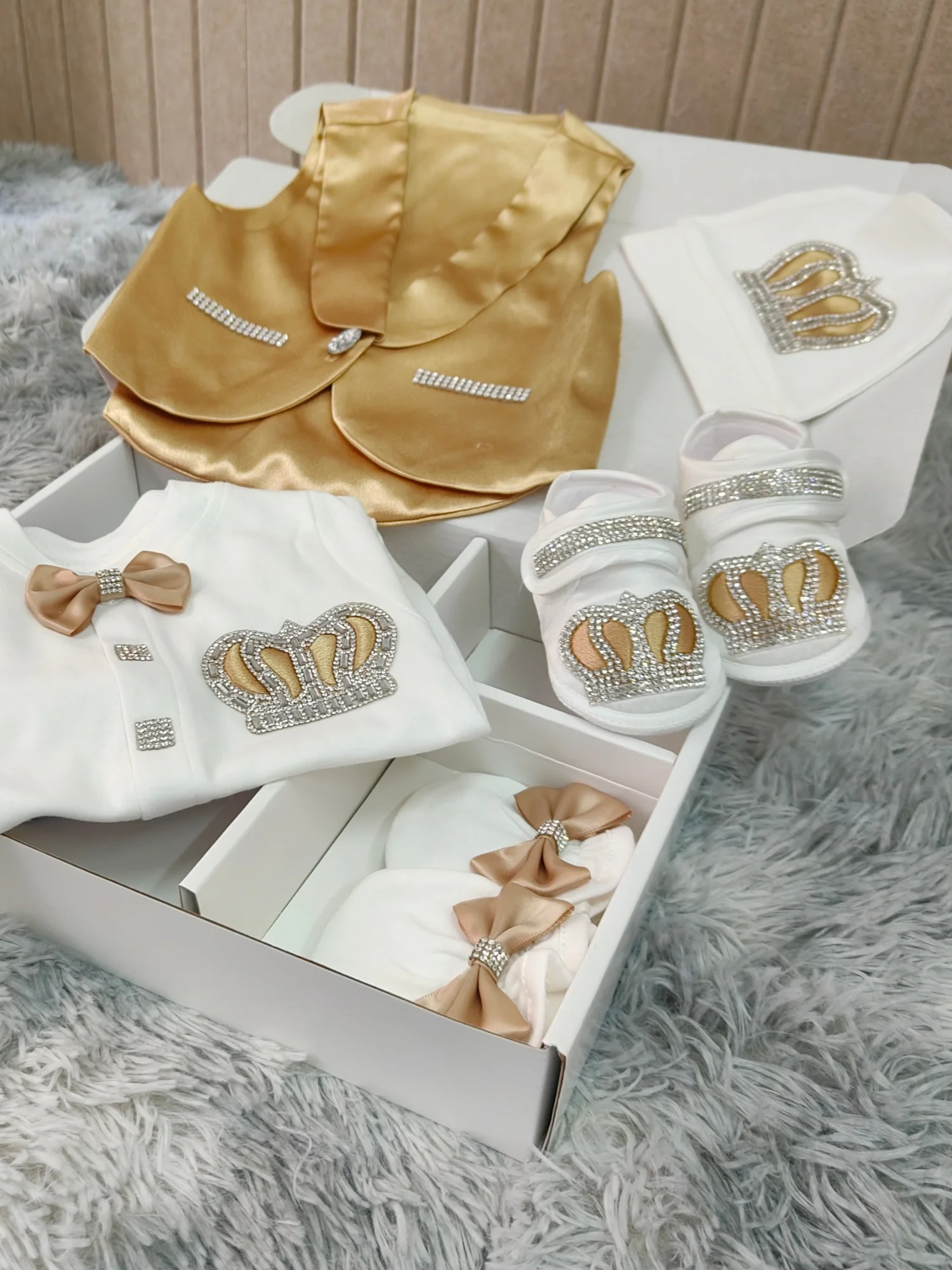 Satin Vest Bow Tie Rhinestone Crown Baby Footed Romper Newborn 0-9 Months 5Pcs White Champagne Gold Prince Royal Jumpsuit Gift