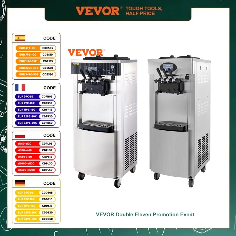 VEVOR 2200 W vorkühlende kommerzielle Softeismaschine 3 Geschmacksrichtungen Snack Shop Café 2 + 1