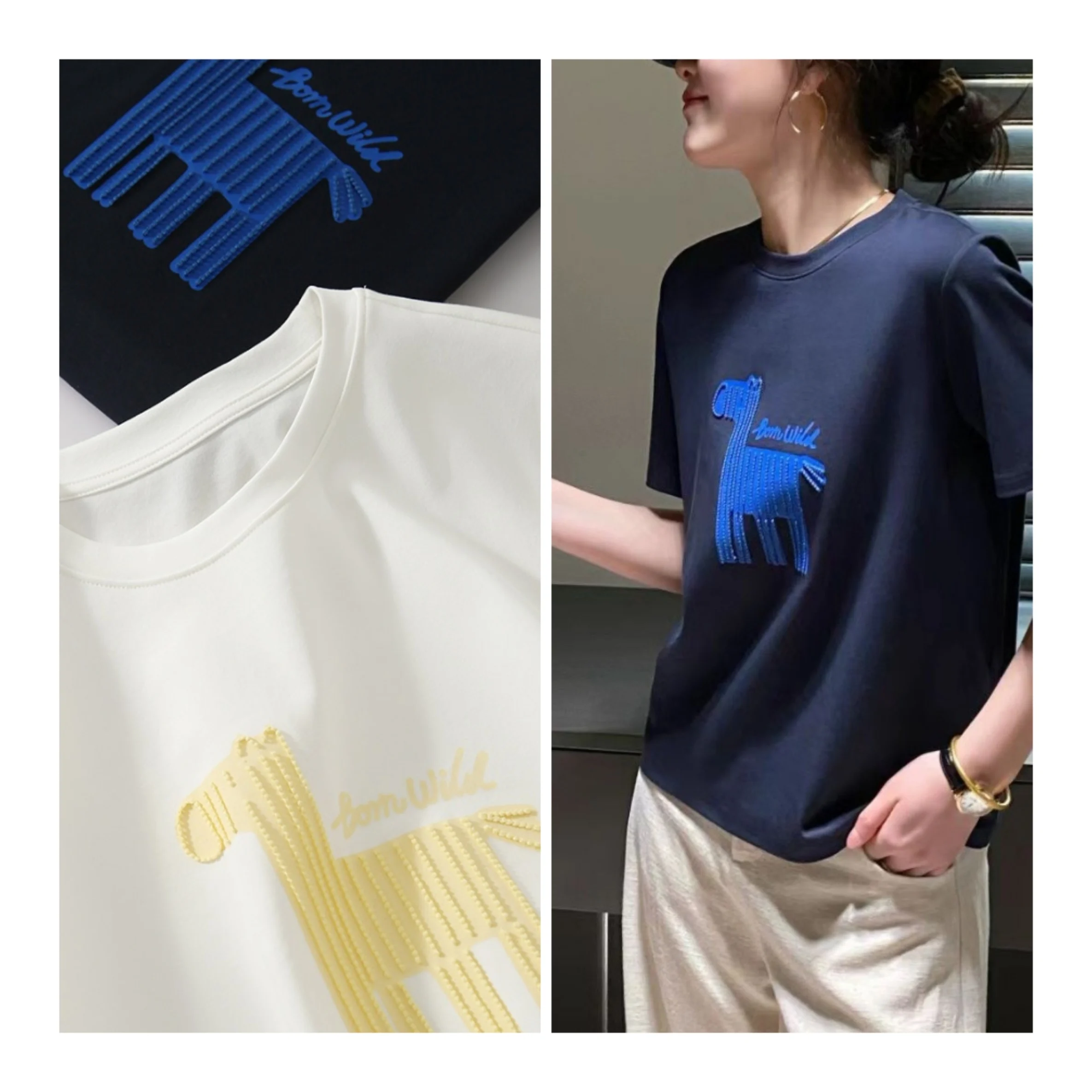 

Удобная повседневная футболка с круглым вырезом и вышивкой CLC Jiejie, весенне-летняя, из смесового хлопка и полиэстера, женский топ