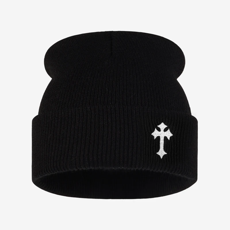 Cross Embroidered Knit Beanie, Soft Stretchy Adult Cuffed Hat, Fashion Accessory for Church Party Holiday Daily Outfit