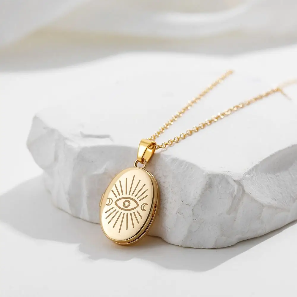 Moon Oval Photo Frame Necklace Opening Closing Evil Eyes Sun Photo Pendant Double Sided Irregular Photo Album Necklace Gift
