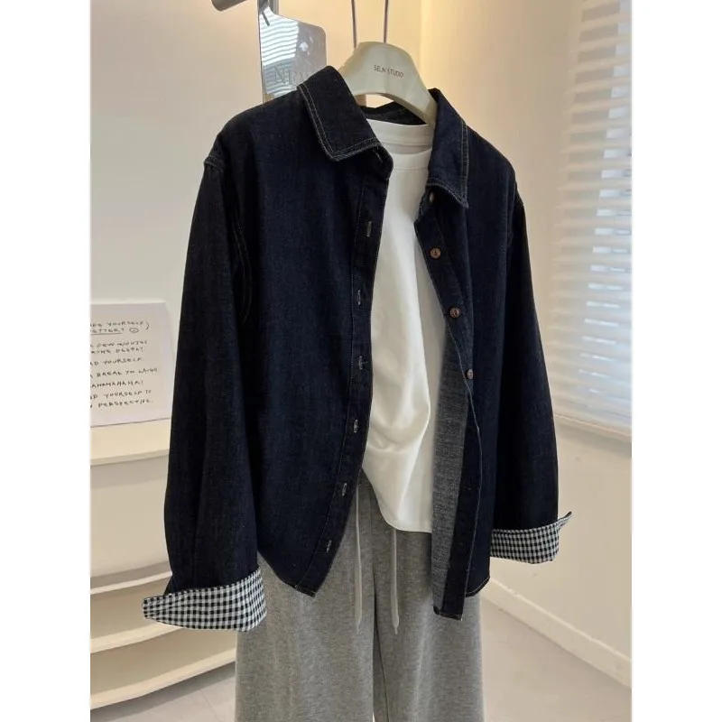 

Американская мода Ретро Джинсовая куртка-поло Синяя рубашка Весенний облегающий универсальный топ