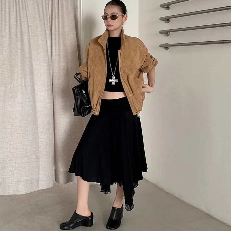 กระโปรงทรงหลวมสีพื้นแต่งลูกไม้ชายกระโปรง แฟชั่นกระโปรงโอเวอร์ไซส์ ผ้าฝ้าย กระโปรงแบบพันรอบสำหรับคู่รัก