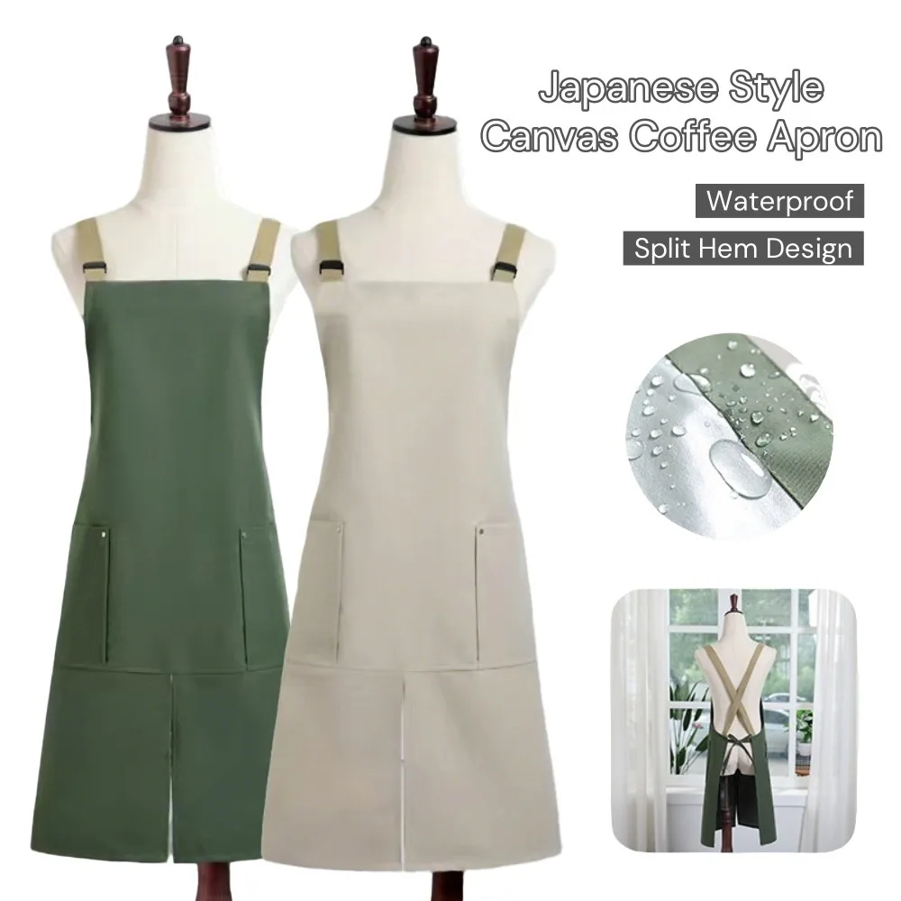 

Современный холщовый фартук для выпечки, водонепроницаемый регулируемый ремешок, кофейный комбинезон с разрезом подол, дизайн, рабочая ткань в японском стиле, кухонное использование