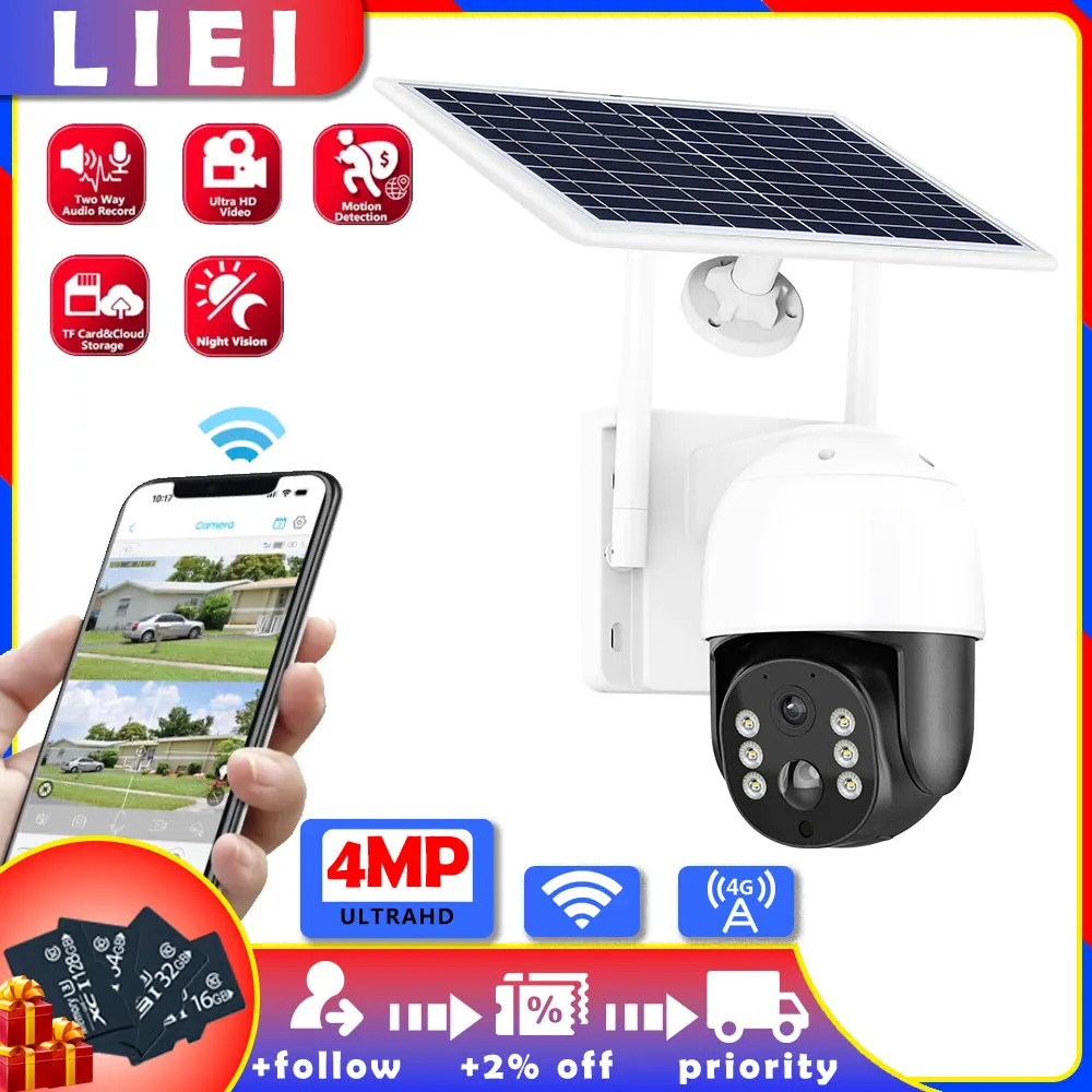 

LIEI 4G/WIFI Solar Camera 4MP Outdoor Wireless Video Surveillance PIR Human Detection 10800mAh Rechargeable Battery Camera iCSee