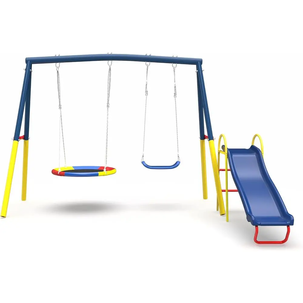 

Heavy-Duty Metal Swing Set with 32 Saucer and 26.2 Belt Seat, Including 53in Blow Molded Slide for Outdoor Play