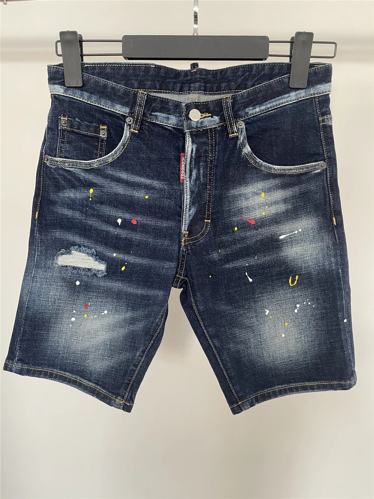 

2024 Spring and Summer New Jeans Five-point Pants Trendy Men's Grinding Patch Paint Slim-fit Micro-elastic Black Denim Shorts