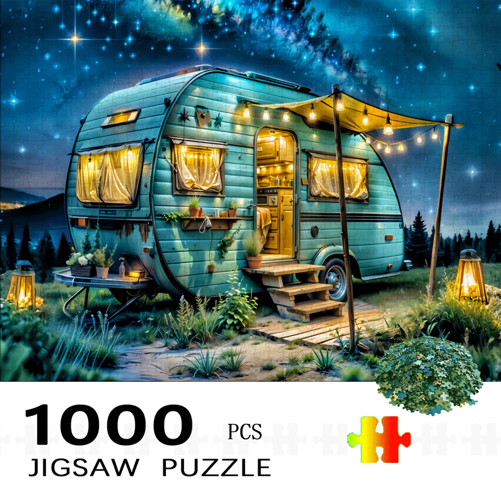 1000ピース ヴィンテージ キャンピングトレーラー ジグソーパズル - ティール色のトレーラーと星空が描かれた、大人と家族向けの大きな挑戦的なパズル