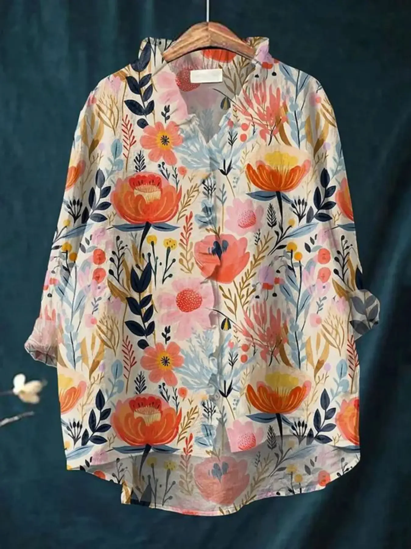 New women's printed long sleeved shirt with ruffled neckline, It's an elegant, atmospheric, and comfortable plus size top