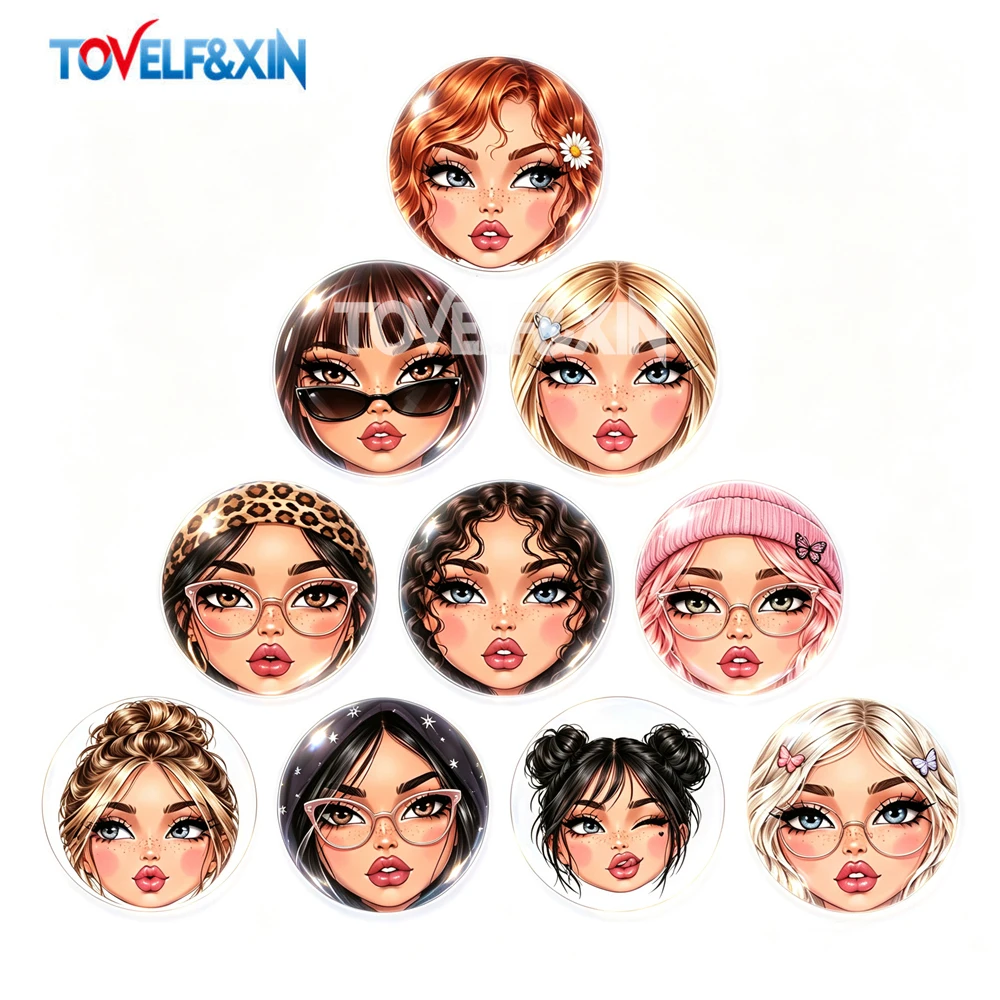 10Pcs Y2K Fashion Girl Face Round Glass Cabochons Flatback Photo Cameo Charms DIY for Keychain Fridge Magnet Jewelry Making