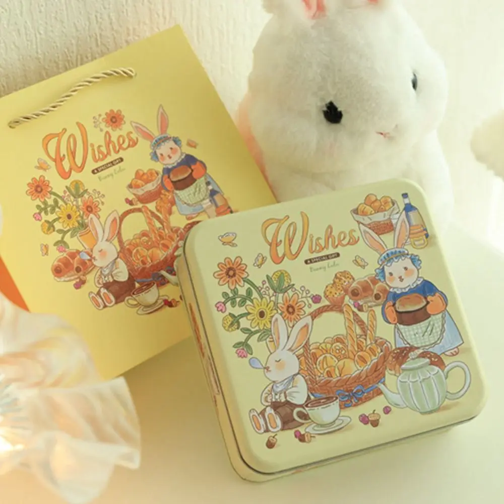 Cartoon Rabbit Iron Box Multicolor 17*17*6cm Metal Storage Box Square with Lid Cookie Tin Tea Candy Cookies Cake Biscuits